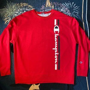 Red Champion Crewneck Sweatshirt w/ Vertical Print